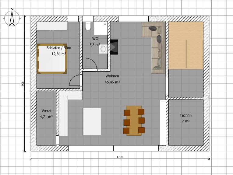 Grundriss einer Wohnung: Schlafen/Büro, Wohnen, WC, Vorrat, Technik; Nordausrichtung