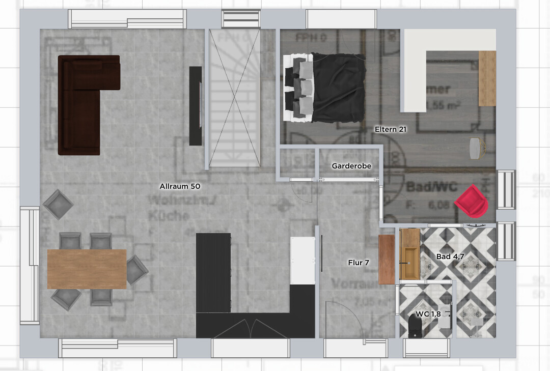 Grundriss einer Wohnung: Wohnzimmer mit Kücheninsel, Treppe, Elternzimmer, Garderobe, Flur, Bad, WC.