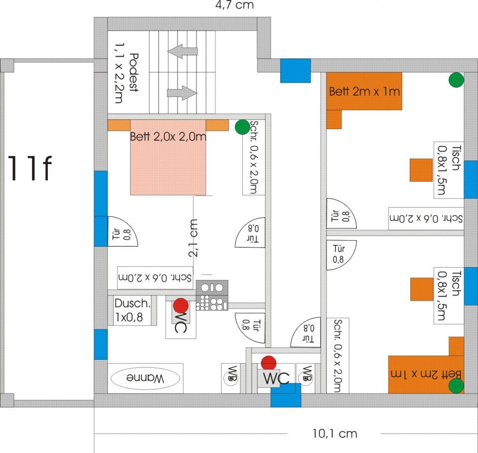 Grundrissplan eines Innenraums mit Schlafzimmer, Bad, Küche und Treppen, Maße angegeben