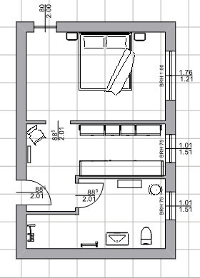 Grundriss eines kleinen Apartments mit Schlafzimmer und Bad in 2D-Darstellung
