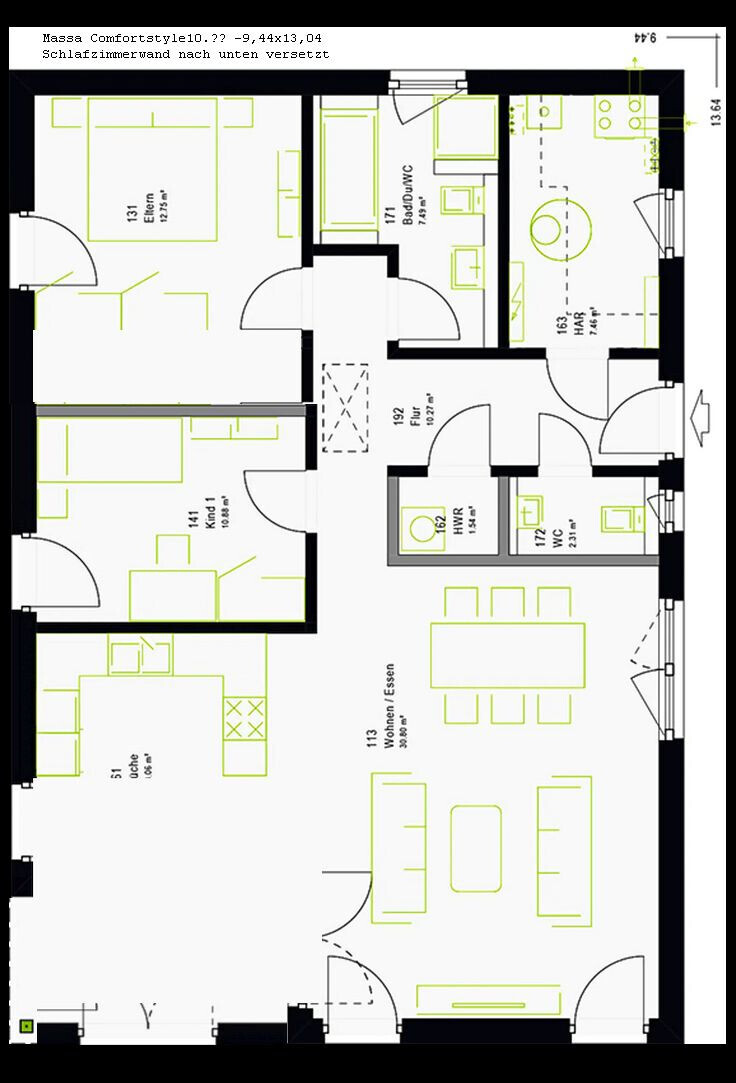 Grundriss eines Apartments: offener Wohn-/Essbereich, Küche, Schlafzimmer, Kinderzimmer, Bad, HAR