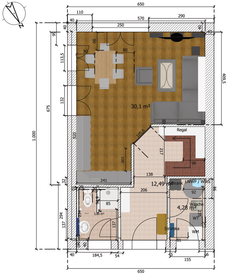 Grundriss eines Wohn- und Essbereichs mit Sofa, Esstisch, Küche, Bad, Treppe und Waschküche.