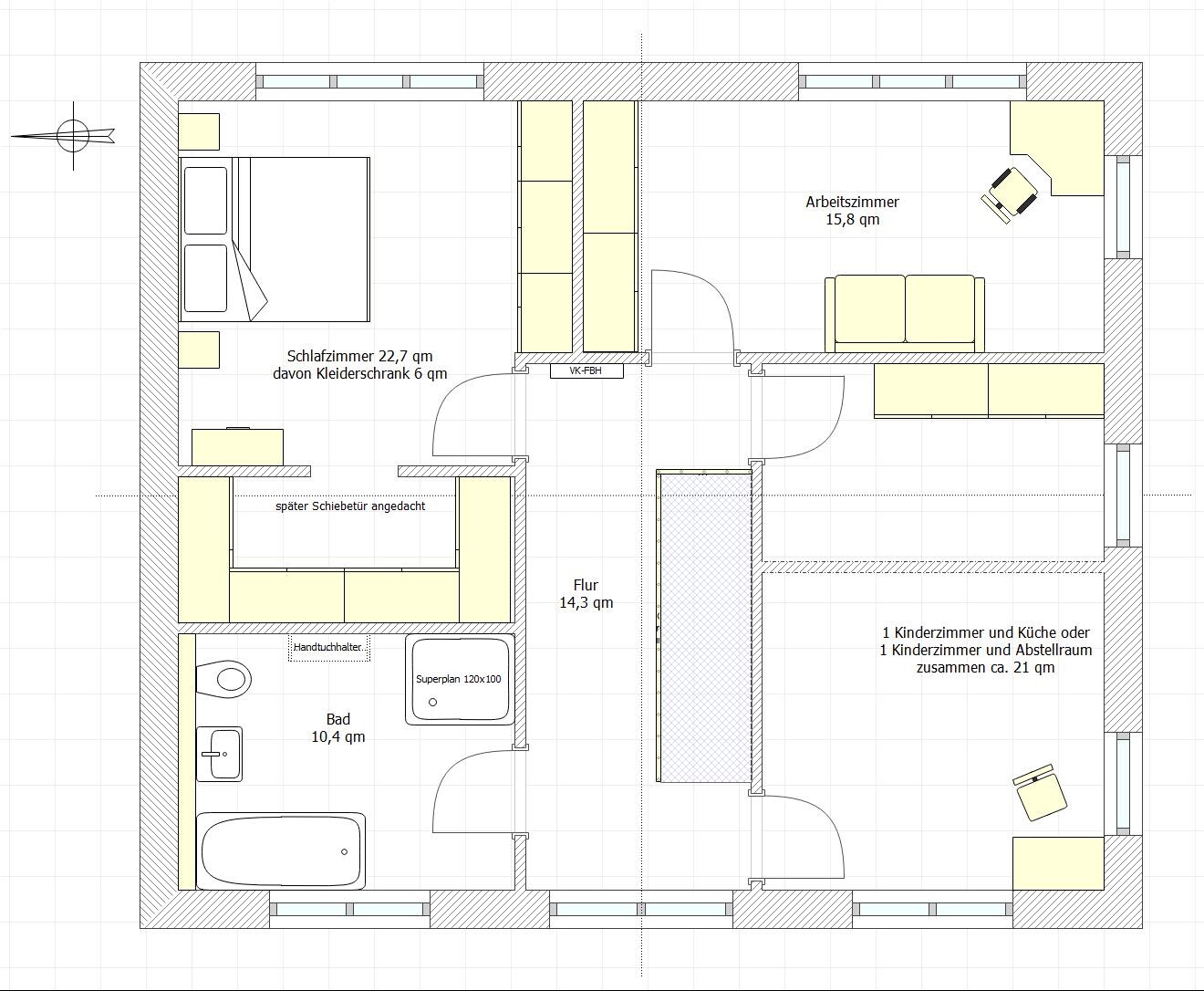 Grundriss eines Wohnraums mit Schlafzimmer, Arbeitszimmer, Bad, Flur und Kinderzimmer/Küche.