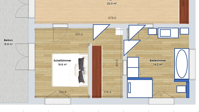 Grundriss einer Wohnung: Schlafzimmer, Badezimmer, Flur, Balkon links.