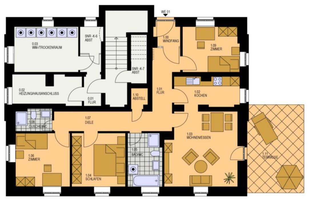 Grundriss einer Wohnung: Flur, Diele, Küche, Wohnzimmer, Schlafzimmer, Bad und Terrasse