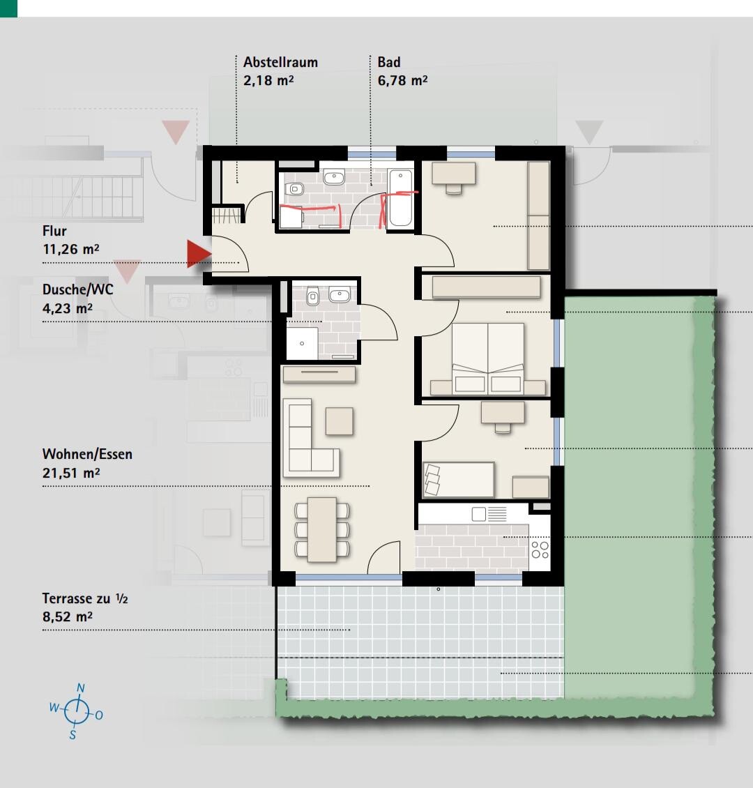 Grundriss einer Wohnung mit Flur, Dusche/WC, Bad, Wohnen/Essen, Küche und Terrasse.
