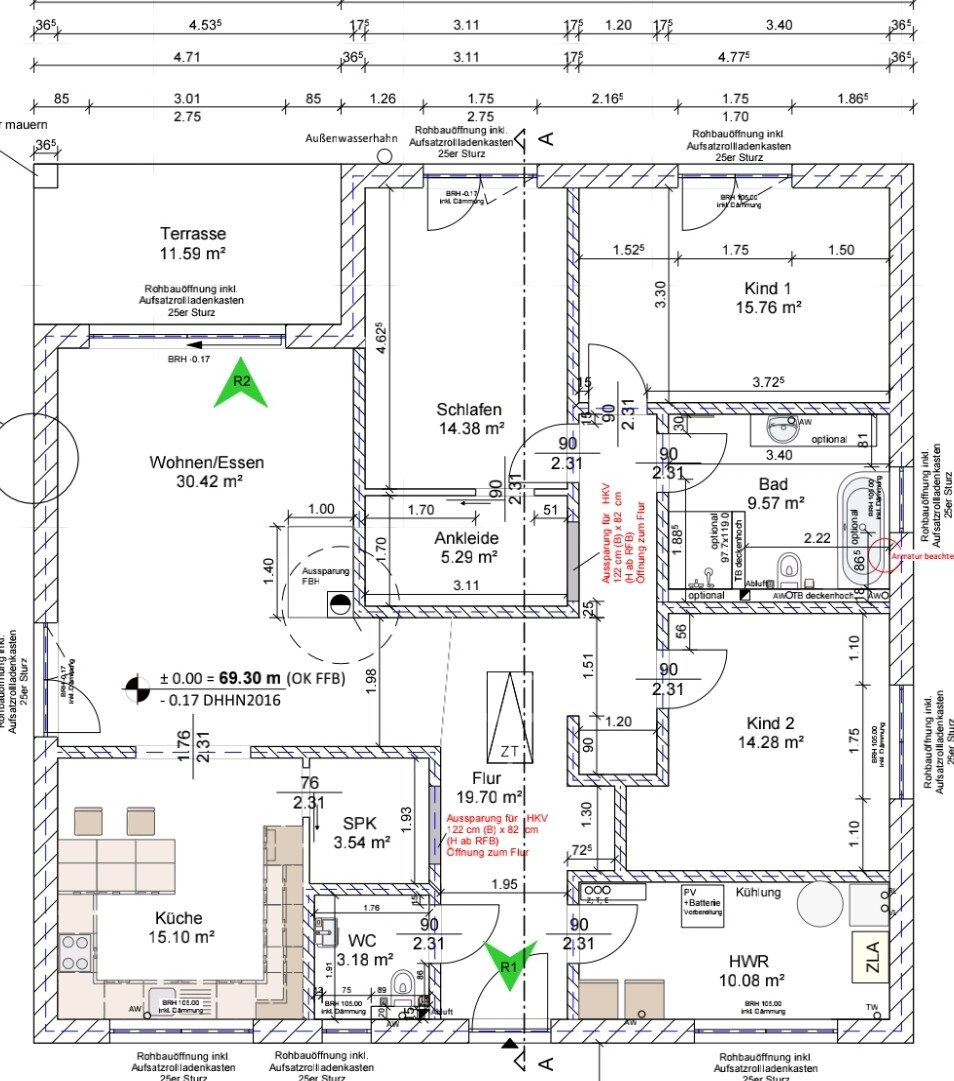 Grundriss einer Wohnung: Terrasse, Wohnen/Essen, Schlafen, Kind 1/2, Bad, Küche, Flur, HWR