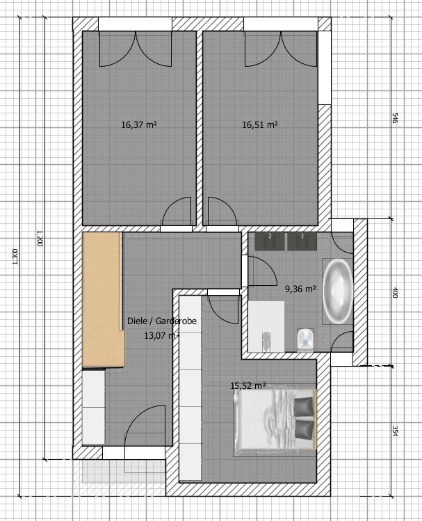 Grundriss einer Wohnung: Diele, Bad, Schlafzimmer und zwei obere Zimmer.