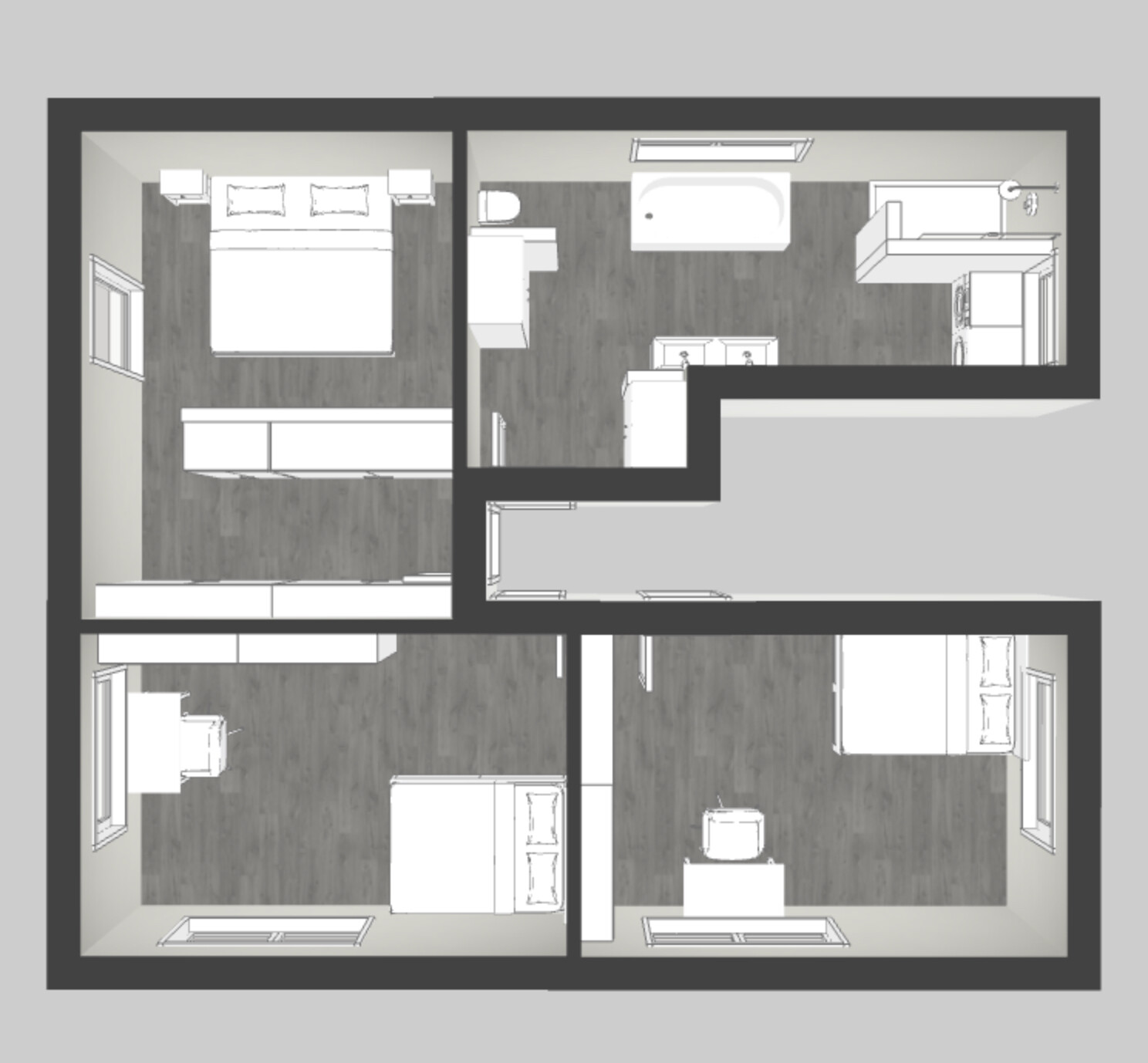 Grundriss einer Wohnung: drei Schlafzimmer, Bad, Küche/Wohnbereich, Flur; kompakte Raumaufteilung.