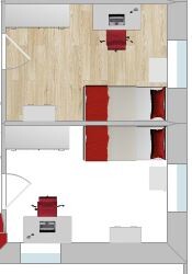 Übersichtlicher Grundriss einer Wohnung mit Küche, Wohnzimmer und Schlafzimmern auf Holzboden