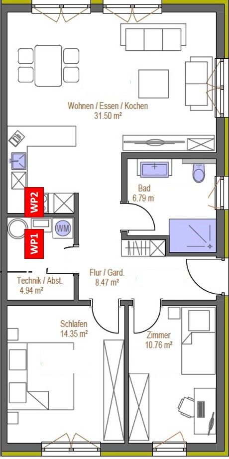 Grundriss einer Wohnung: Wohnbereich mit Essecke, Küche, Bad, Flur, Schlafen, Zimmer.