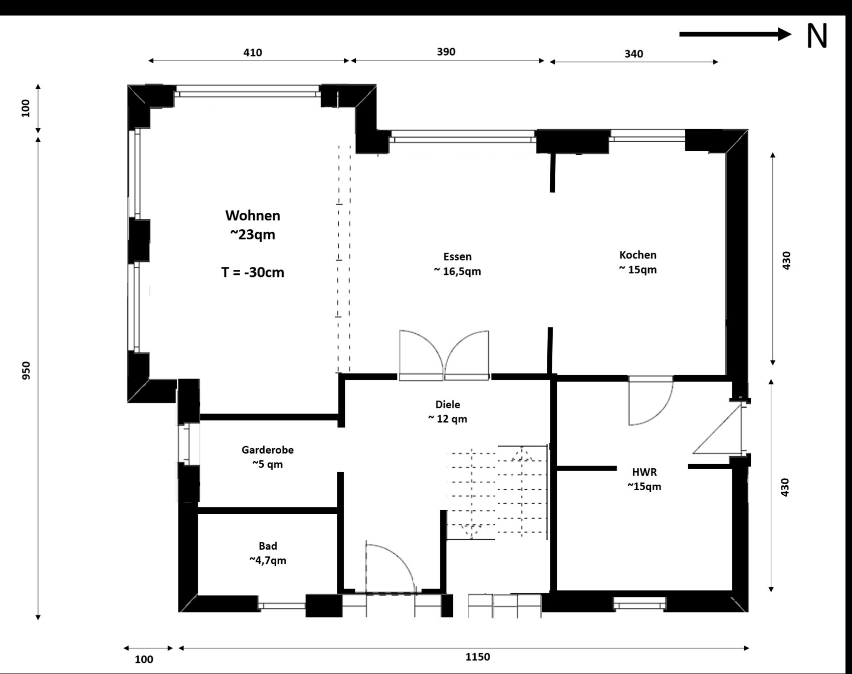 Grundriss: Wohnen 23qm, Essen 16,5qm, Kochen 15qm, Diele 12qm, Bad 4,7qm, Garderobe 5qm, HWR 15qm