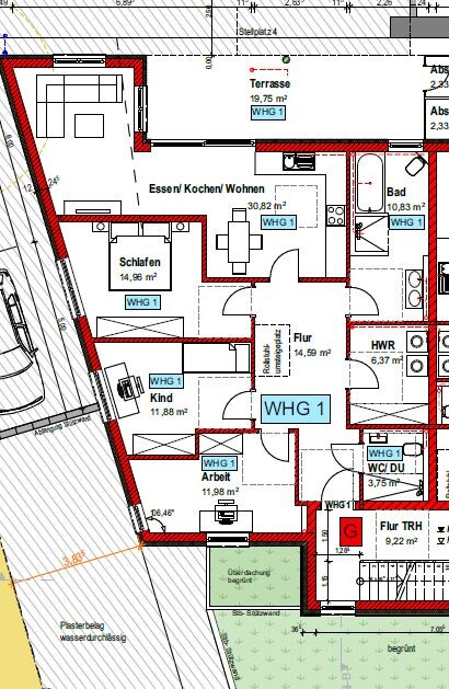 Grundriss WHG 1: Essen/Kochen/Wohnen, Schlafen, Kind, Arbeit, Flur, Bad, Terrasse.