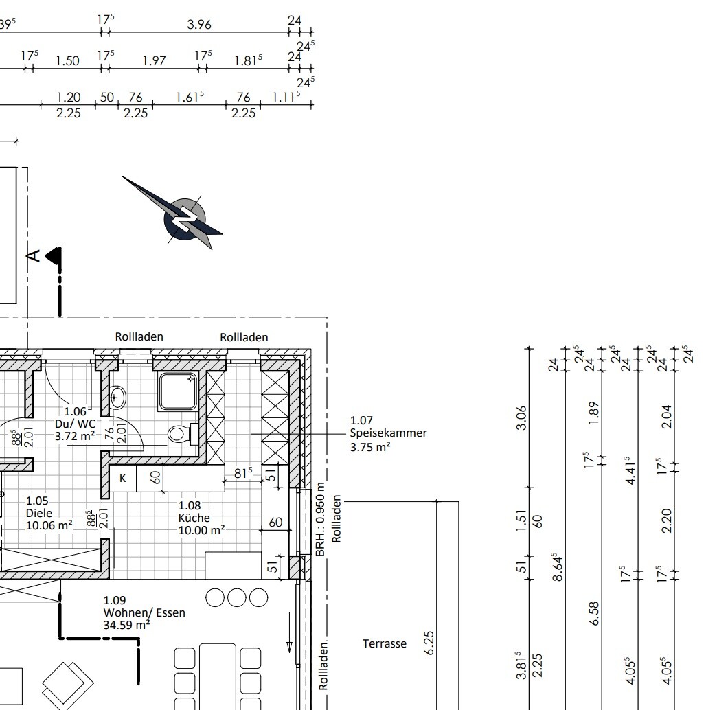 Grundriss einer Wohnung mit Küche, Wohnen/Essen, Diele, Speisekammer, Du/WC, Terrasse.