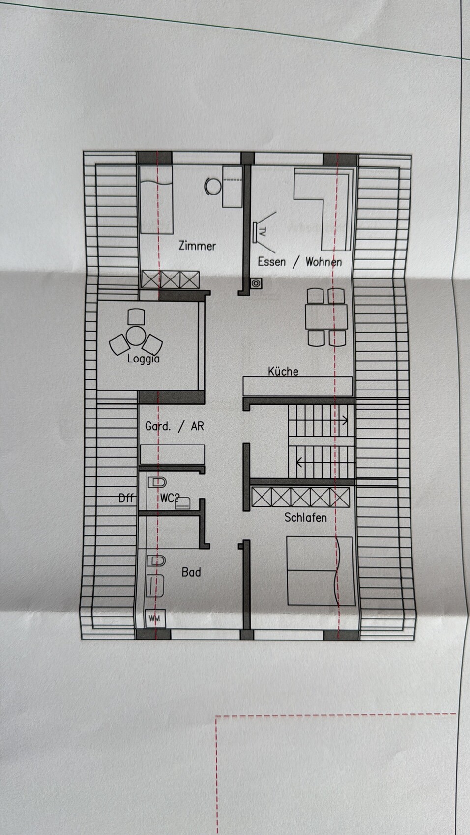 Grundriss eines Wohnhauses mit Zimmer, Küche, Bad, Schlafzimmer, Loggia und Wohnen.