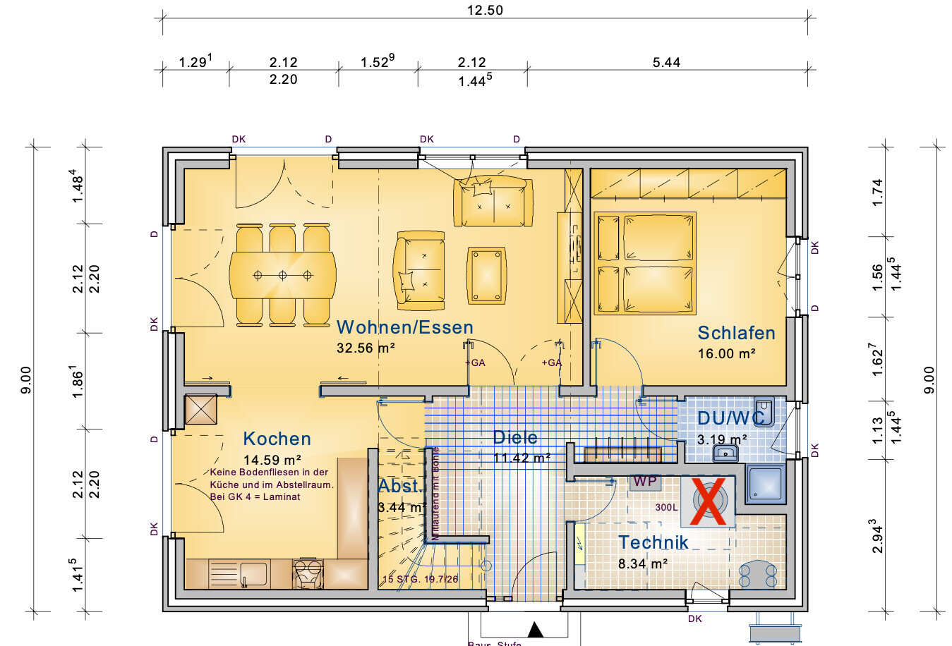2D Grundriss eines Einfamilienhauses mit Küche, Wohnzimmer, Schlafraum und Diele
