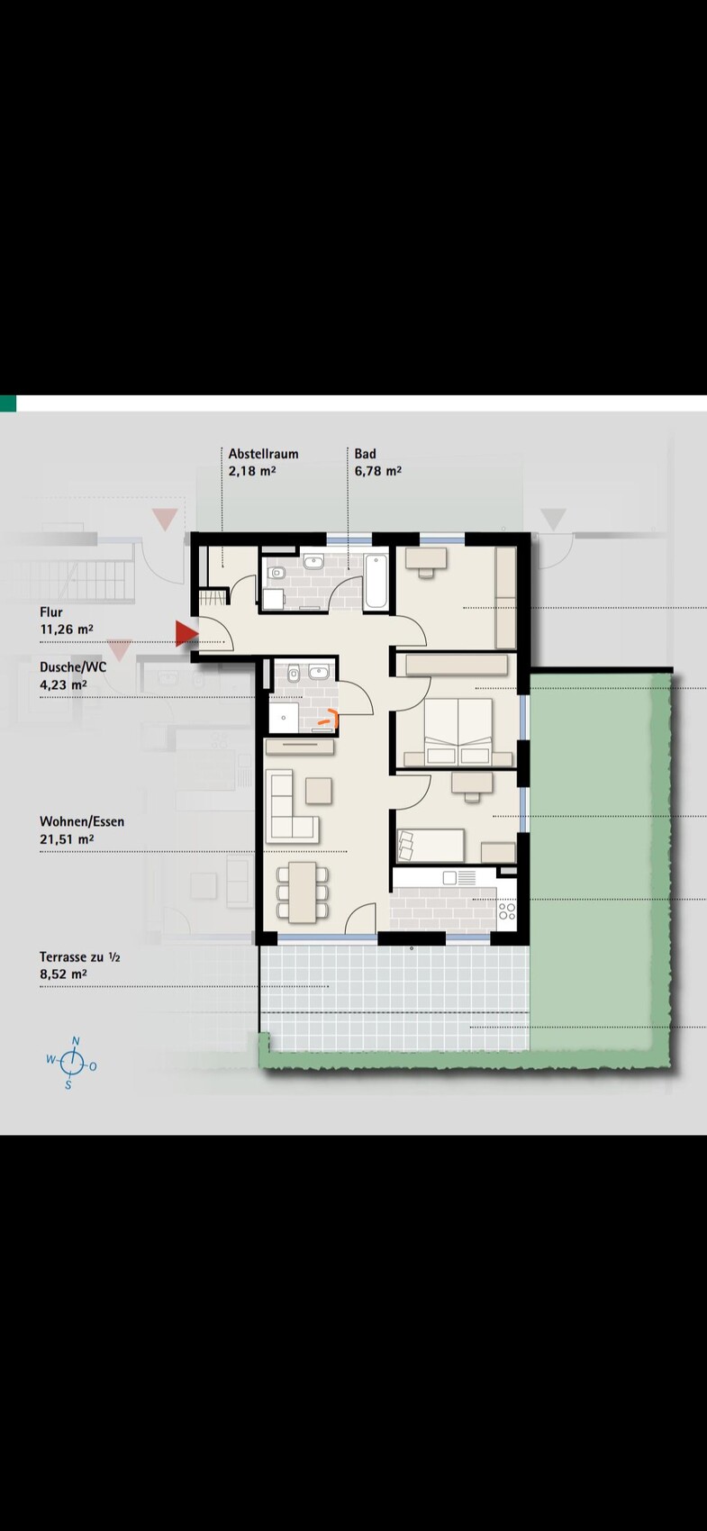 Grundriss einer Wohnung: Flur, Abstellraum, Bad, Dusche/WC, Wohnen/Essen, Terrasse.