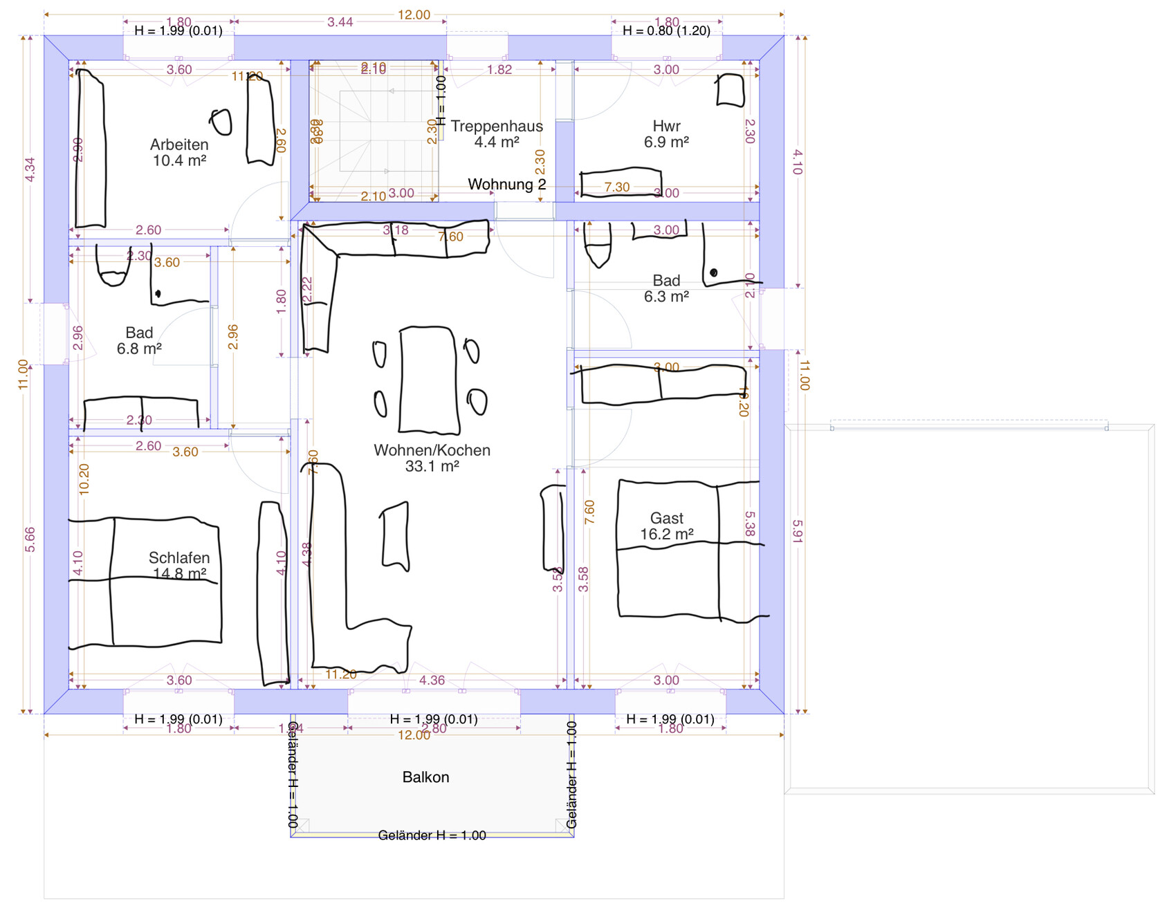 Grundriss einer Wohnung mit Wohnen/Kochen, Schlafen, Bad, Gast, Arbeiten, Treppenhaus, Balkon.