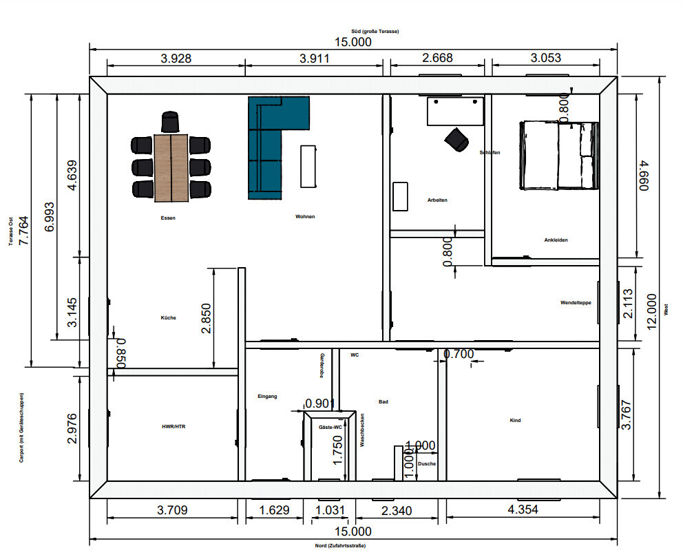 Grundriss eines Hauses mit Raumaufteilung: Essen, Wohnen, Küche, Schlafen, Arbeiten, Bad, WC, Eingang.