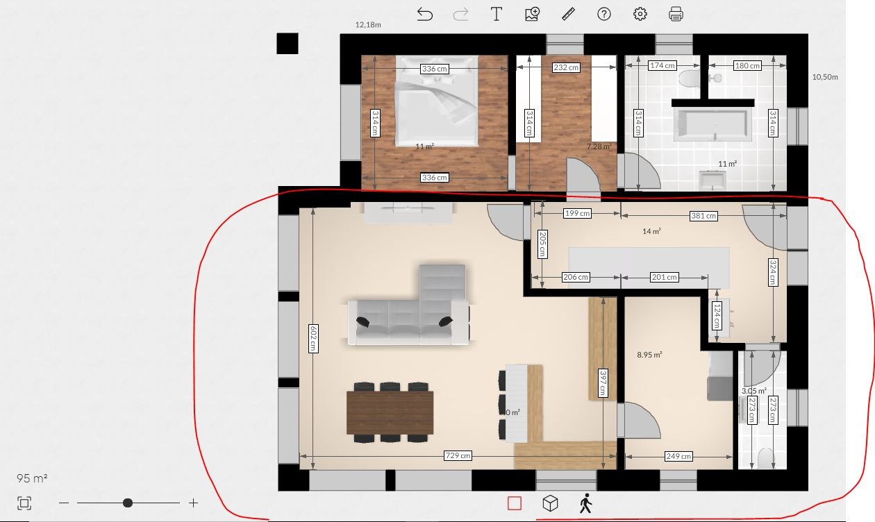 Grundriss: Offenes Wohnzimmer/Essbereich mit Sofa, Esstisch und Kücheninsel, roter Rand markiert.