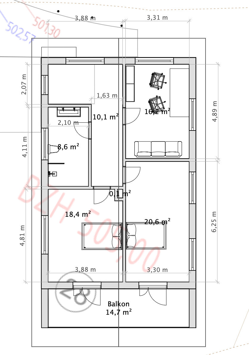 Grundriss eines Apartments mit zwei Schlafzimmern, Wohnzimmer (Sofa), Bad und Balkon, Maße.