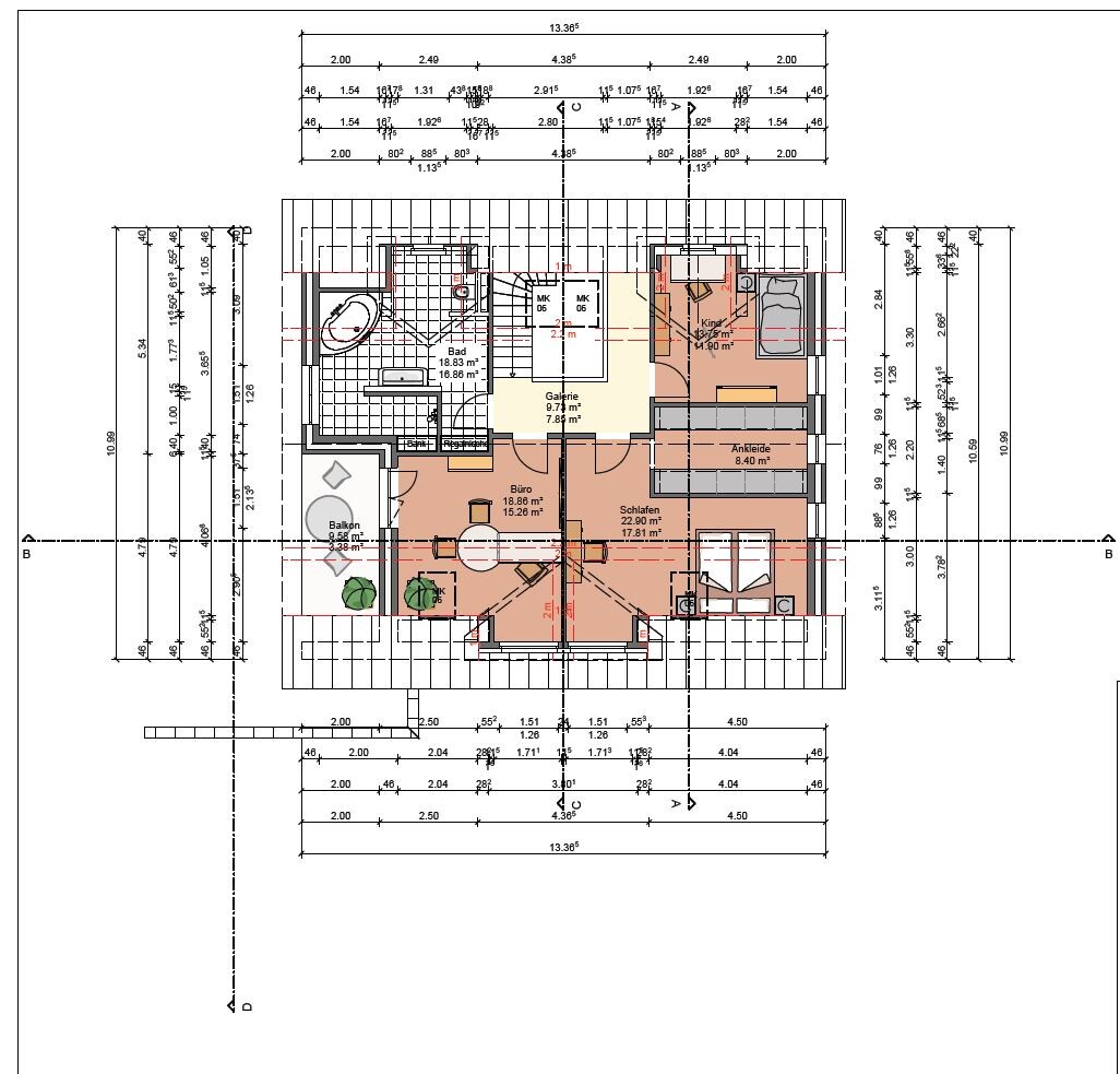 Grundriss eines Hauses mit Bad, Schlafzimmer, Büro, Galerie, Ankleide und Balkon