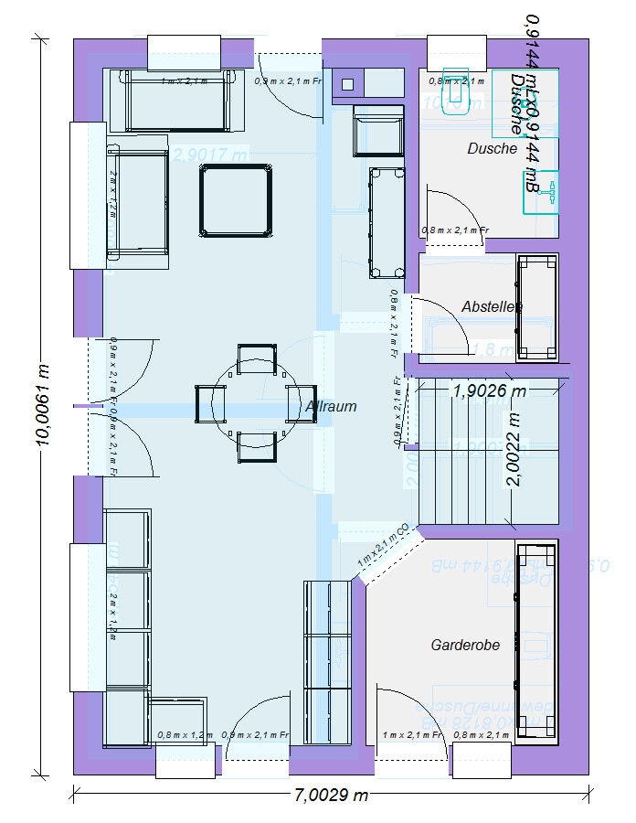 Grundriss eines Apartments: Offener Wohn-/Essbereich mit Esstisch, Garderobe, Abstellraum und Dusche.
