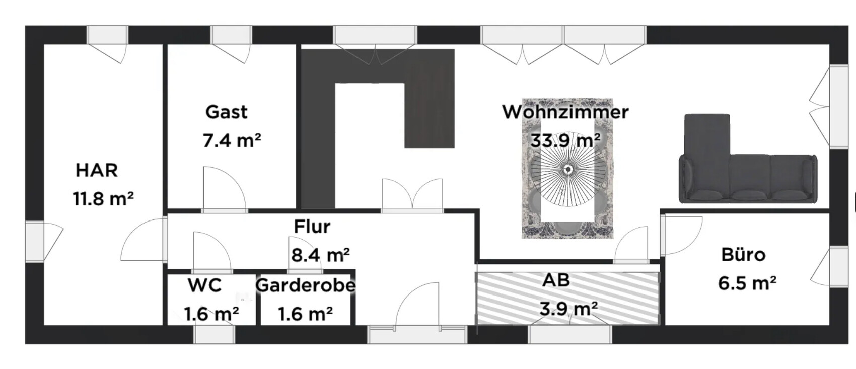 2D-Grundriss eines Wohnbereichs mit Wohnzimmer, Gästezimmer, Flur, Büro und Abstellraum