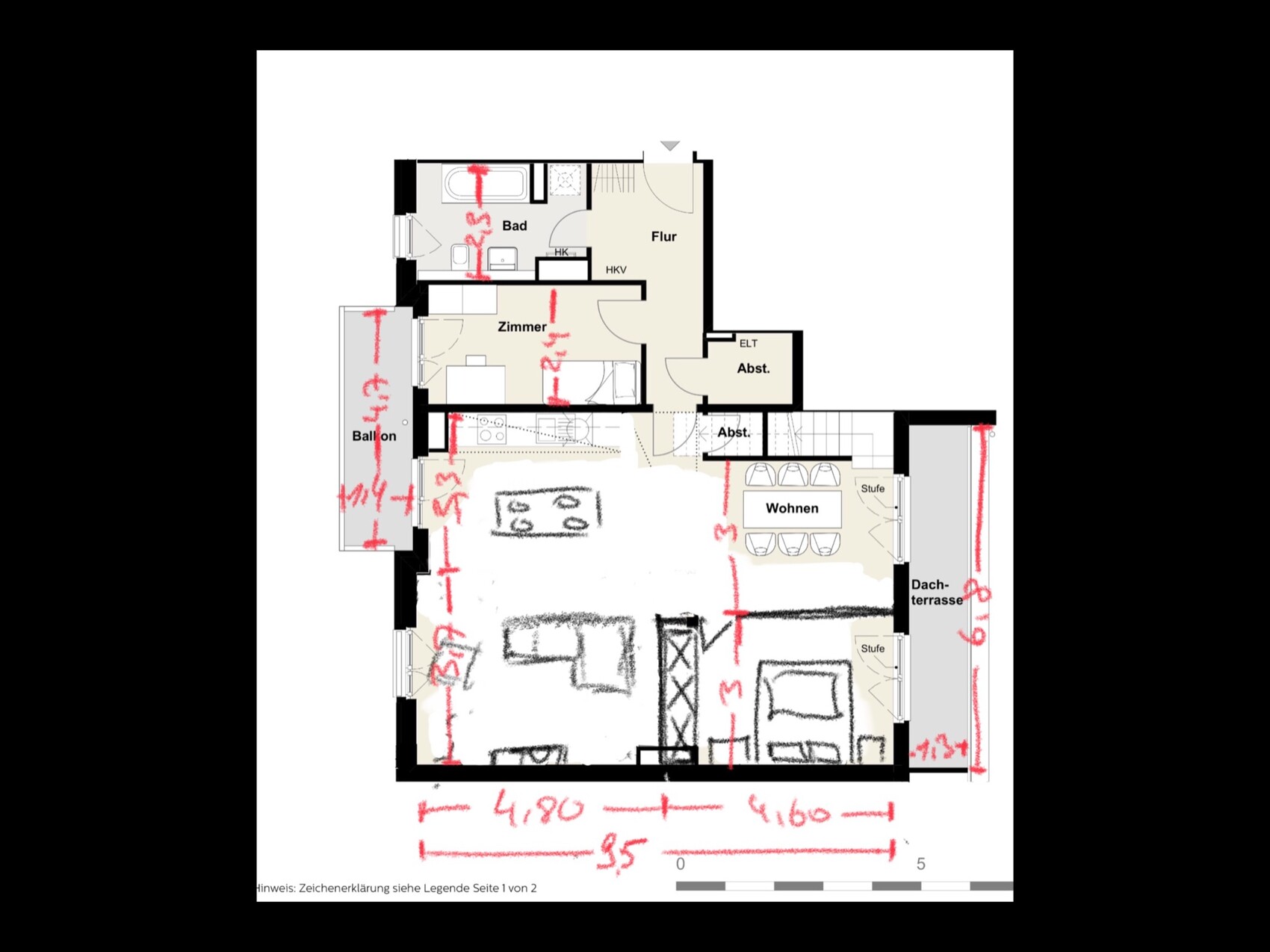 Grundriss einer Wohnung: Bad, Flur, Zimmer, Wohnen, Balkon und Dachterrasse; mit Maßlinien.