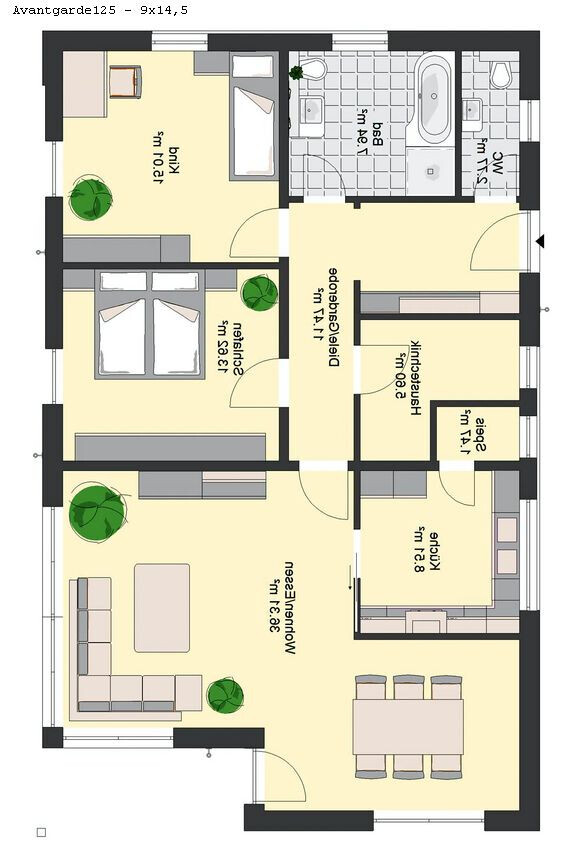 2D Grundriss einer Wohnung mit Wohnzimmer, Küche, Bad, Flur und Schlafzimmer.