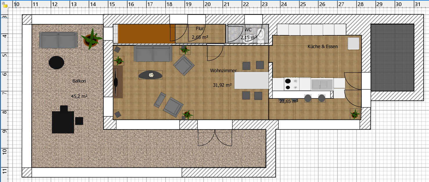 2D-Grundriss einer Wohnung mit Wohnzimmer, Küche und Balkon