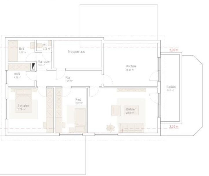 Grundriss eines Wohnhauses mit Flur, Schlafzimmer, Bad, Küche, Wohnzimmer und Balkon