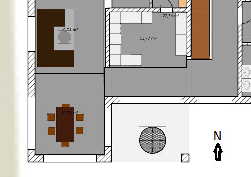2D-Grundrissplan eines Hauses mit Esstisch, Möbeln und mehreren Räumen