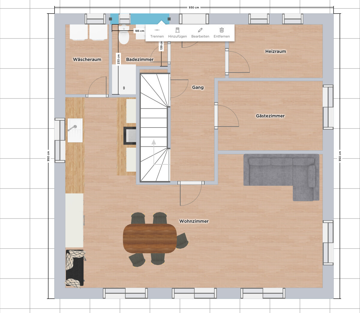 Grundriss eines Hauses: Wohnzimmer, Küche, Essbereich, Gästezimmer, Bad, Wäscheraum, Heizraum.