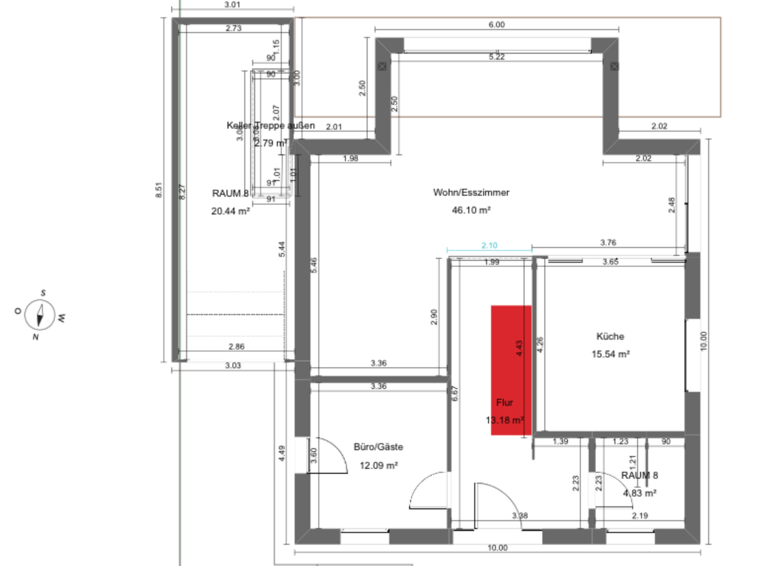 Grundriss einer Wohnung: Wohn/Esszimmer, Küche, Flur, Büro/Gäste, Raum 8.