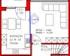 Grundriss einer Wohnung mit Wohnzimmer, Küche und Schlafzimmer, rote Umrandung