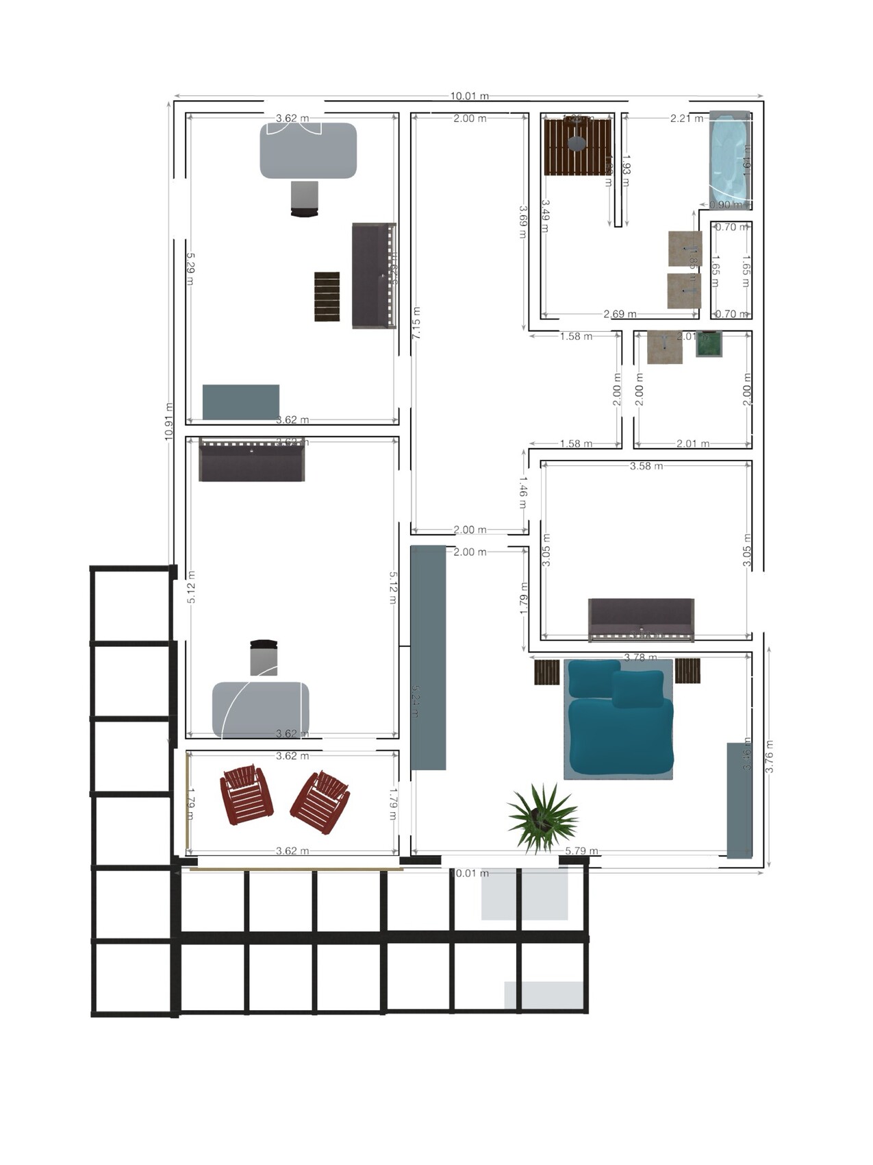 Grundriss eines Apartments mit zwei Schlafzimmern, Wohnzimmer, Balkon und Bad.