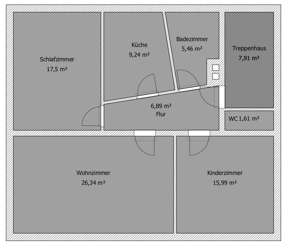 Grundriss einer Wohnung mit Wohnzimmer, Küche, Schlafzimmer, Kinderzimmer, Bad und Flur.