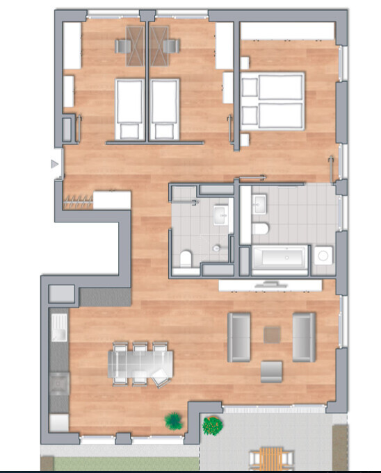 Grundriss einer Wohnung mit zwei Schlafzimmern, Bad, Küche, Wohnzimmer, Essbereich und Terrasse