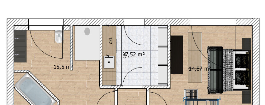 Grundriss einer Wohnung: linke Badewanne, zentrale Küche, rechts Schlafzimmer und Wohnzimmer.