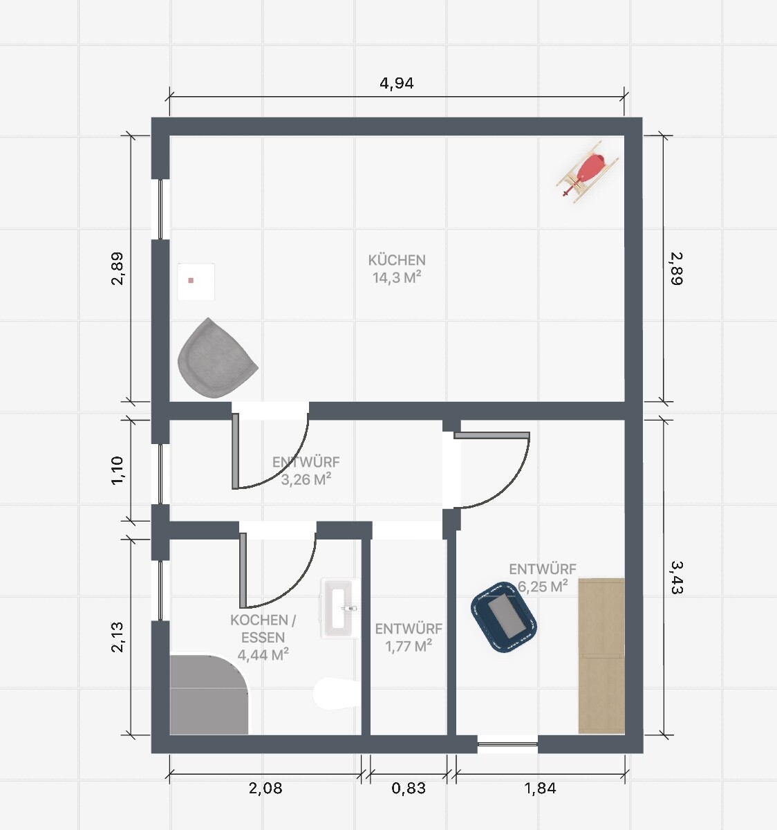 Grundriss einer Wohnung: Große Küche (14,3 m2) mit Sitzbereich, Koch-/Essbereich und Fluren.