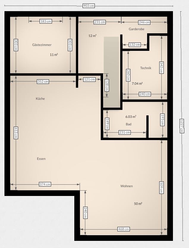 Grundriss eines Appartements mit Küche, Essen, Wohnen, Gästezimmer, Bad, Garderobe, Technik