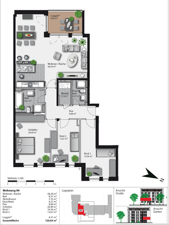 Grundriss einer 4-Zimmer-Wohnung mit Wohnzimmer, Küche, Bad, Flur und Loggia