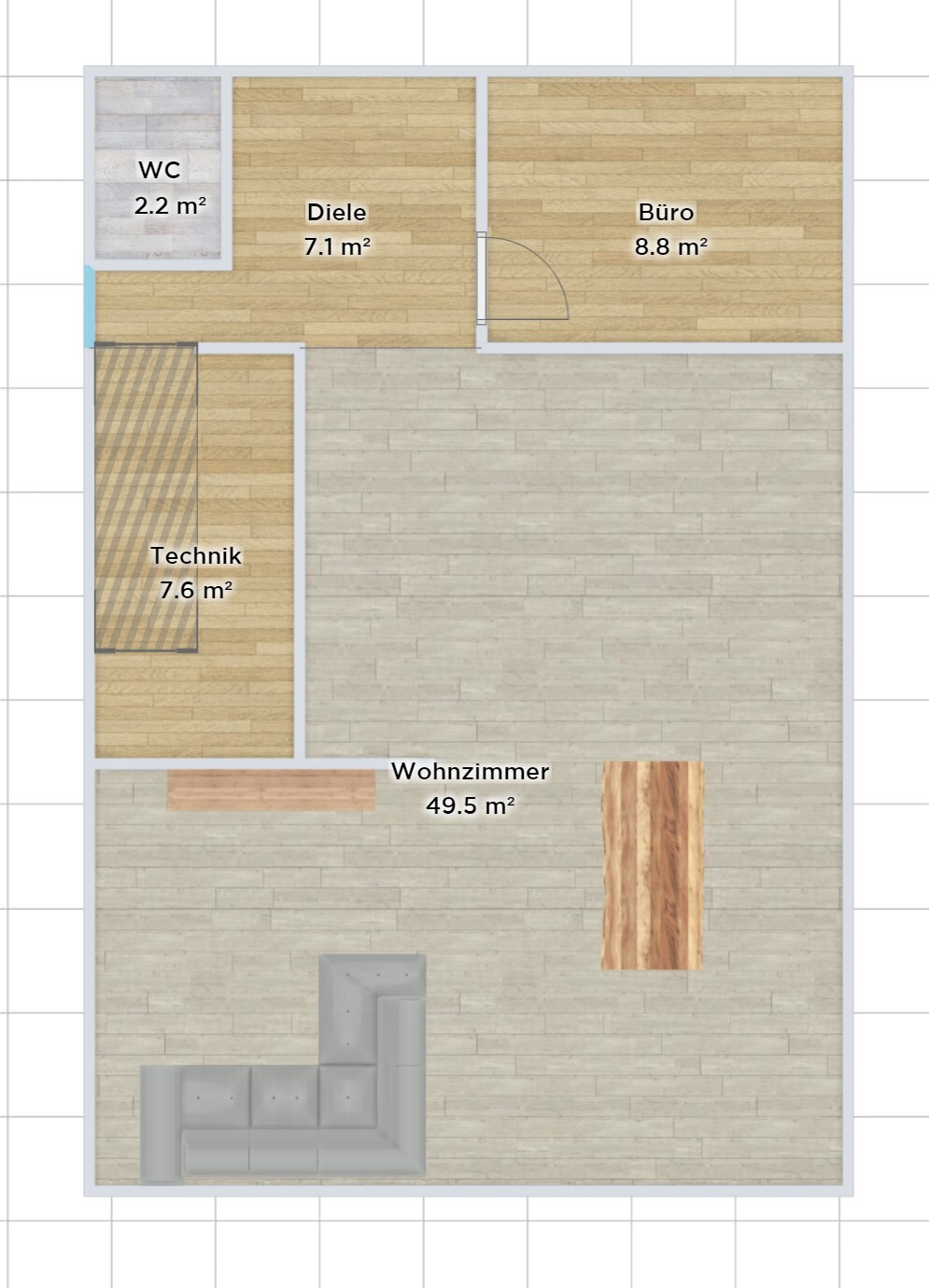 Grundriss eines Wohnplans mit WC, Diele, Büro, Technik und Wohnzimmer mit Flächenangaben.