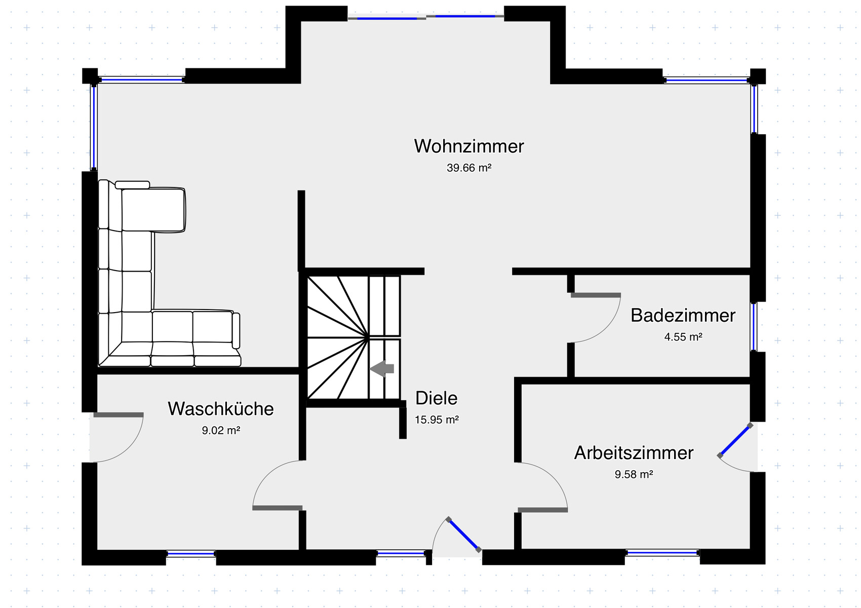 Grundriss eines Wohnraums mit Wohnzimmer, Diele, Waschküche, Arbeitszimmer, Badezimmer und Treppe.