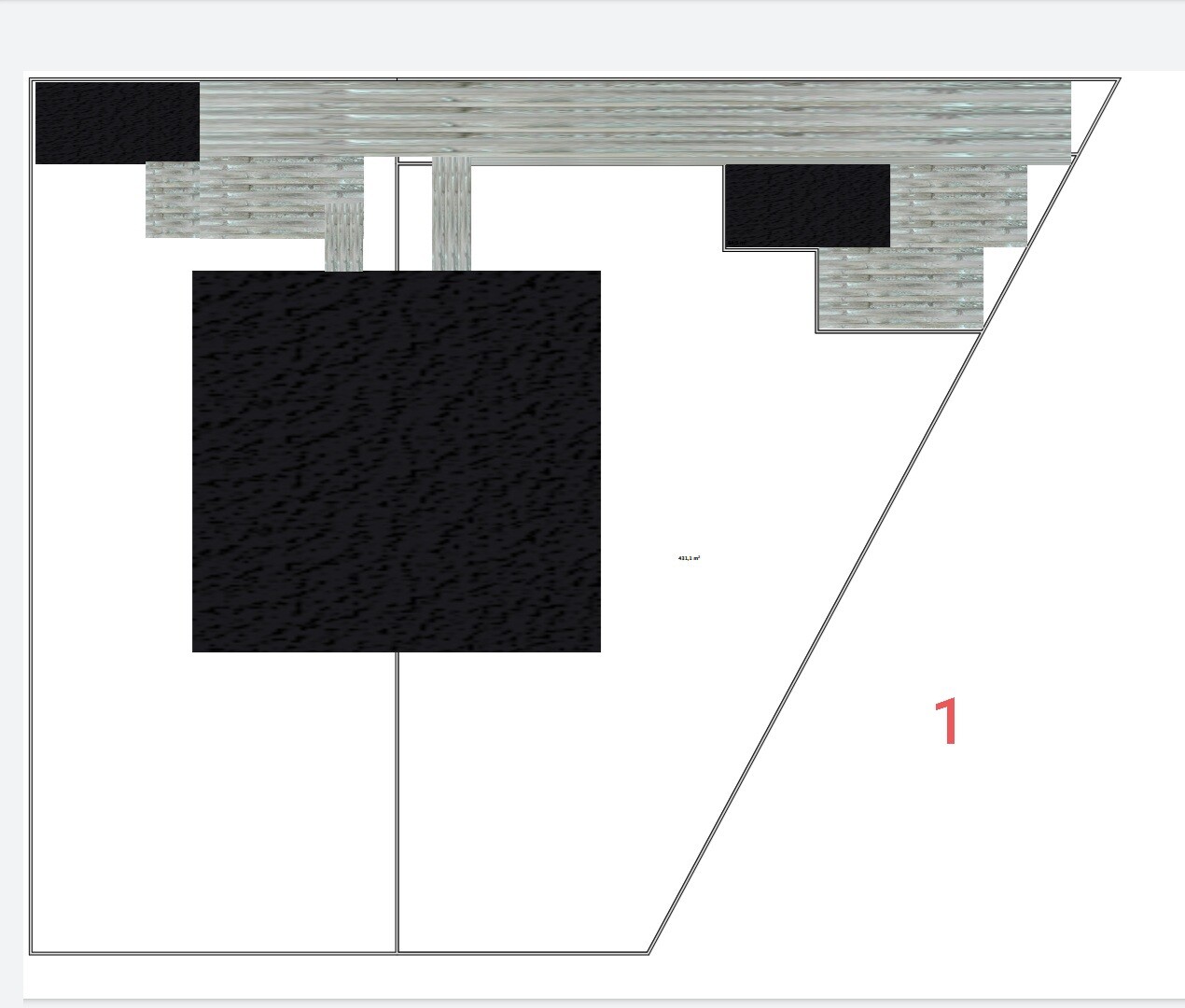 Grundriss: großes schwarzes Rechteck, graue Holztextur oben, diagonale Außenlinie rechts, rote 1.