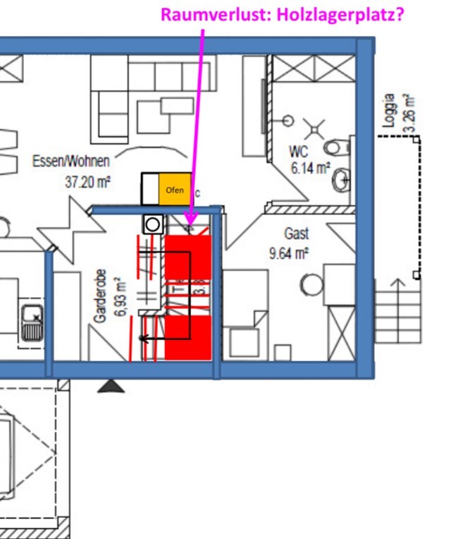 Grundrissplan eines Wohn- und Essbereichs mit Garderobe, WC und Ofen