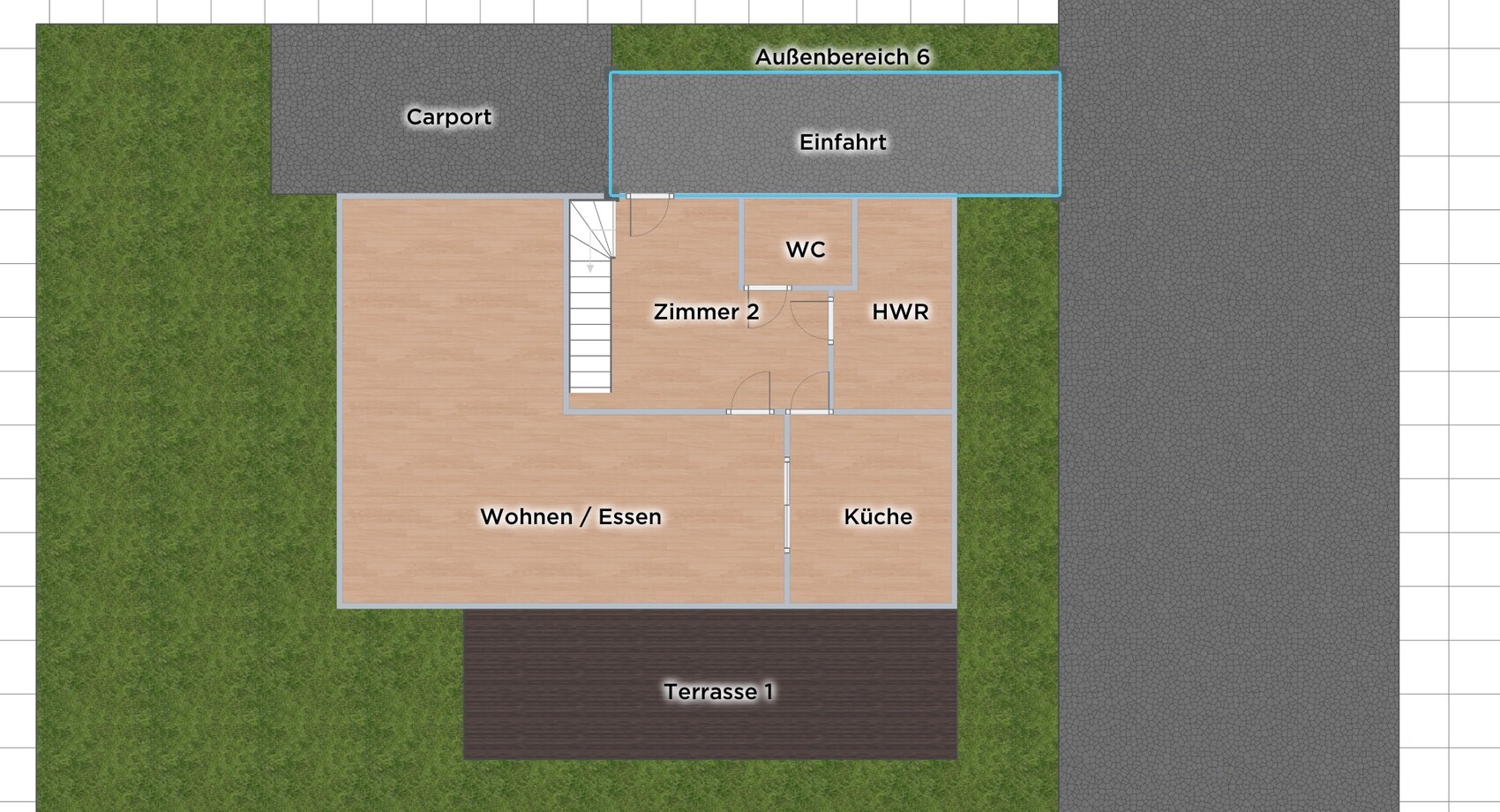 Grundriss eines Hauses mit Wohnbereich, Küche, Zimmer, WC, Einfahrt und Terrasse