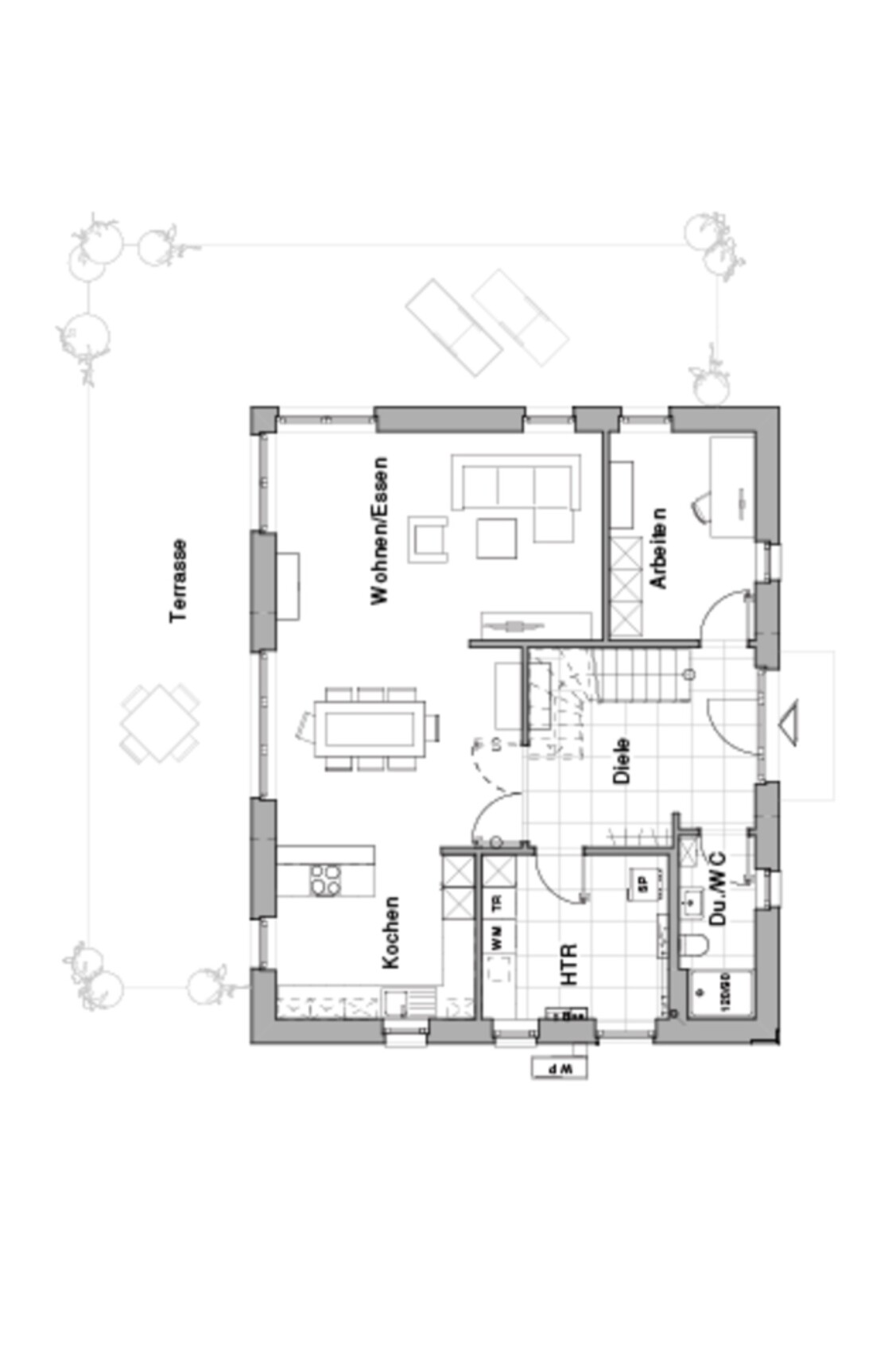 Grundriss eines Hauses: Küche links, offener Wohn-/Essbereich, Arbeitszimmer, Diele, Terrasse.