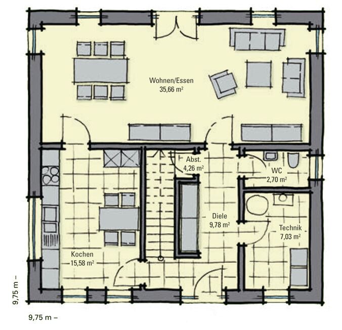 Grundriss eines Hauses mit Küche, Wohnen/Essen, Diele, WC, Abstellraum und Technik.